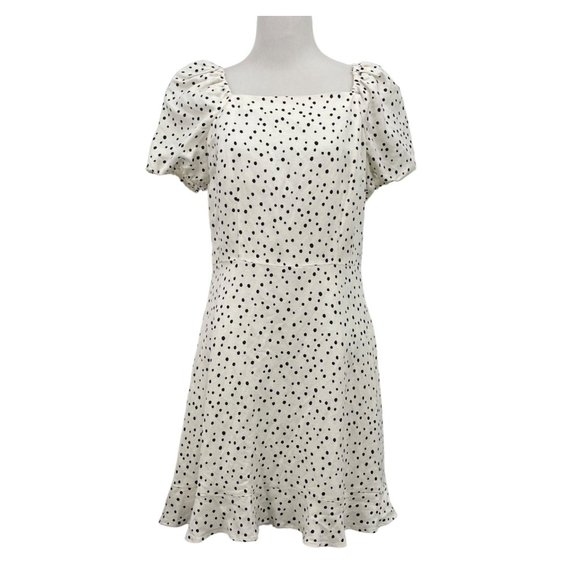 LOFT Dresses & Skirts - LOFT Size 8P Black Polka Dot Linen Blend Flounce Dress Square Neck Puff Sleeve
